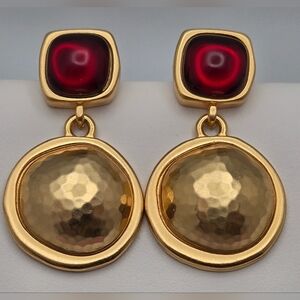 Vintage Gold Tone Red Cabochon Drop Earrings Hammered Disc "A Star is Born"